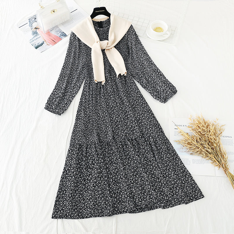 Long large skirt stitched small fresh floral dress with shawl 3880