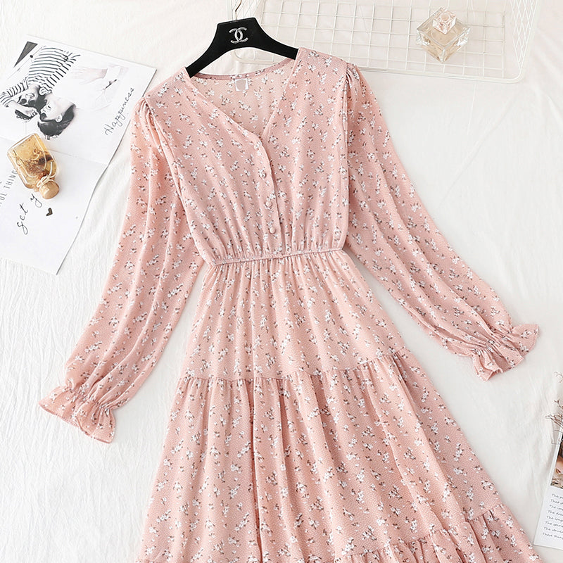 French retro thin fairy broken flower long skirt 3822