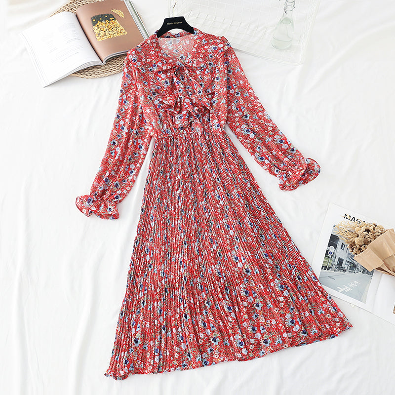 Broken Flower Chiffon pleated skirt with high and thin length over the knee 3878