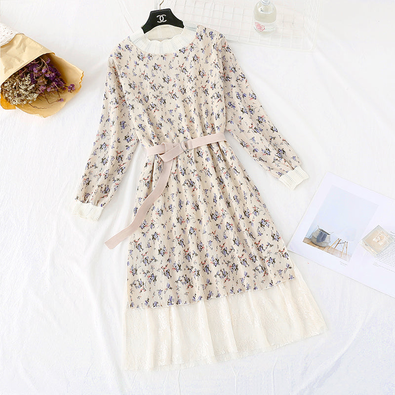 Printed French retro pleated slim waist skirt 3967