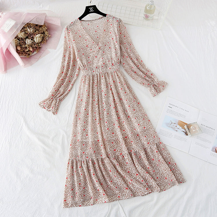 V-neck floral skirt with a slim waist and a long skirt with a large swing 4029