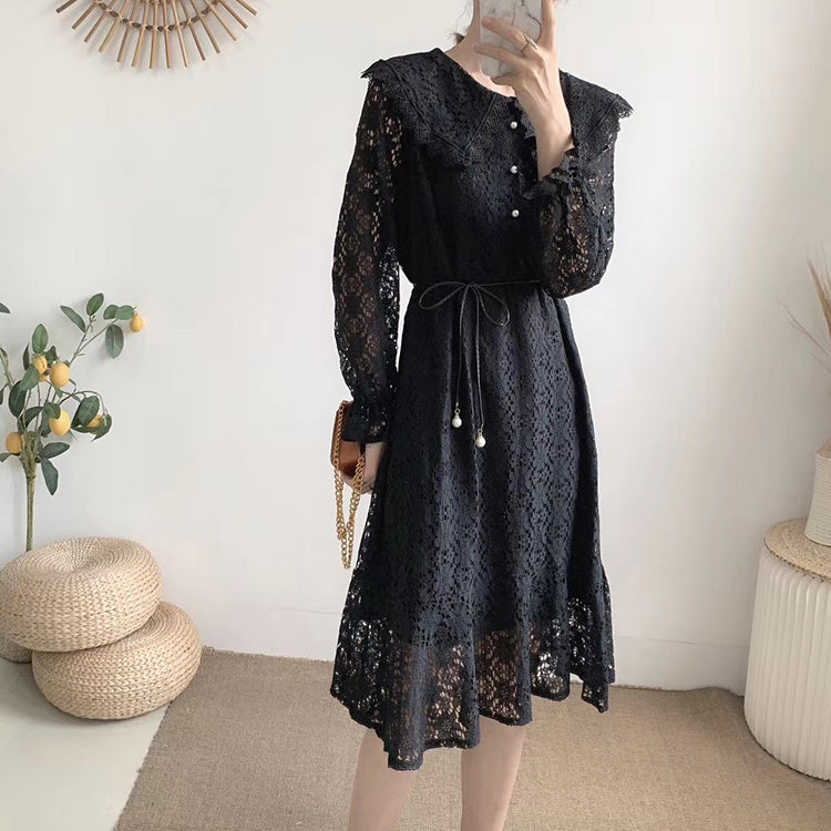 Lapel cut-out lace up waist slim over knee solid long skirt 3905