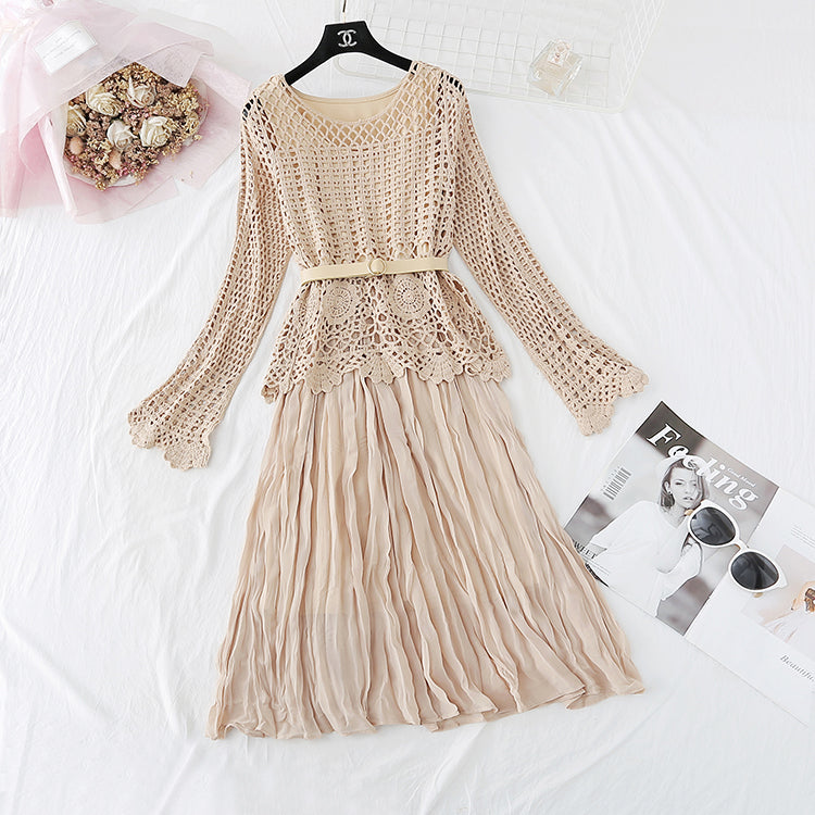 Hollowed out lace blouse Chiffon Dress 3801