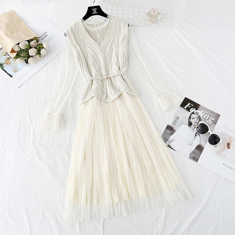 Xiaoxiangfeng suit knitted sweater mesh skirt 3805