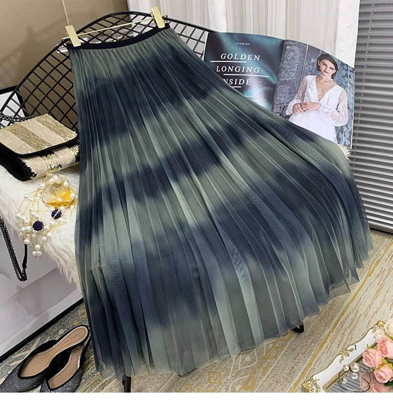 Nouvelle jupe en gaze, jupe plissée à rayures de couleurs contrastées, jupe midi verticale avec dégradé de couleurs 3677