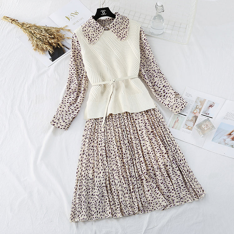 Sweater sweet baby Collar Chiffon Skirt Suit two-piece suit 3802