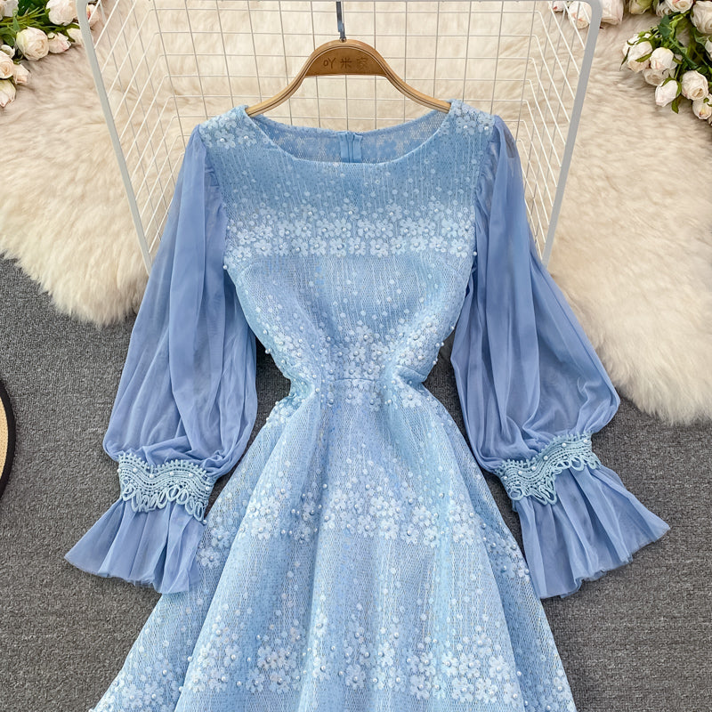 Chiffon stitched crew neck hollowed out embroidery lace dress 3776