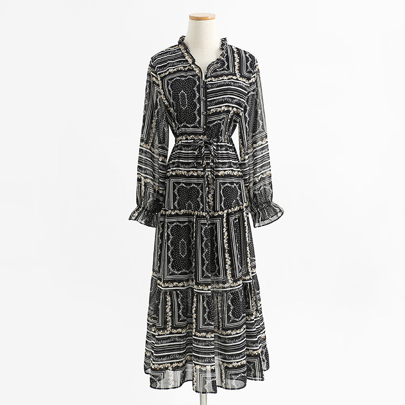 V-neck floral skirt elegant long sleeve dress 3739