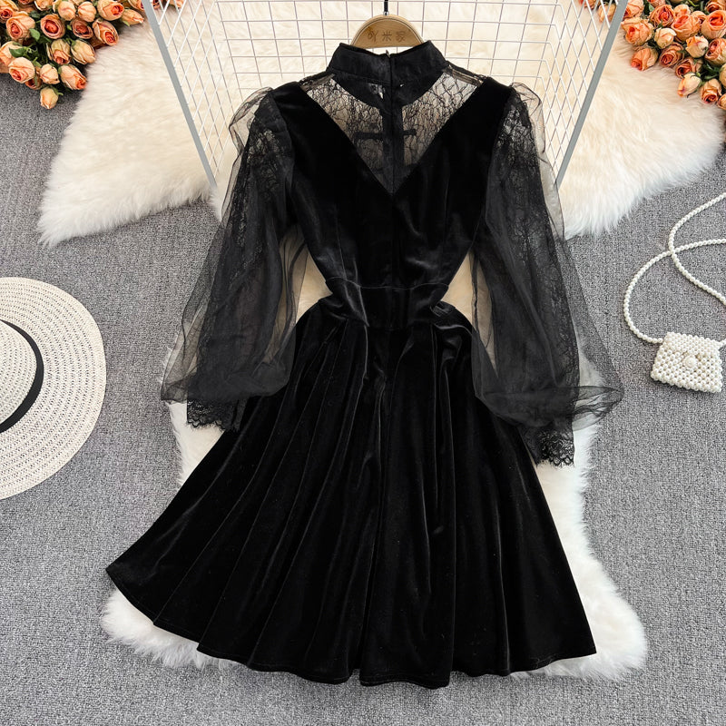 Lantern Sleeve stitched lace golden velvet cheongsam dress 3786