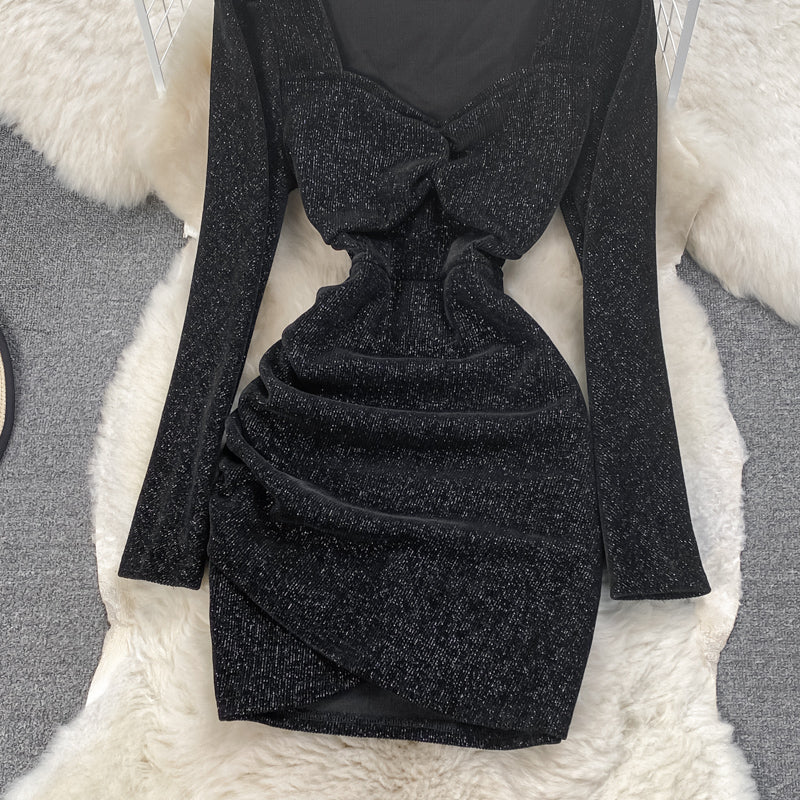 Irregular pleated corduroy slim wrap arm dress 3766