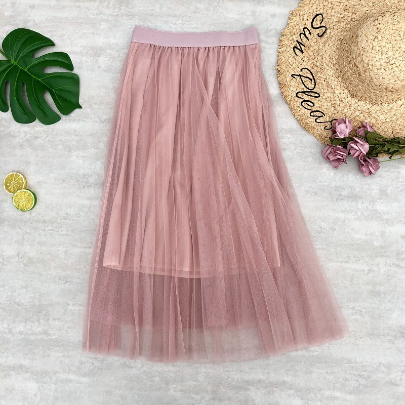 High waist skirt, pleated net gauze skirt, elastic waist puffy fairy skirt A-line skirt 3683