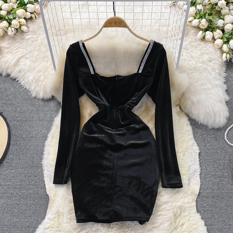 Robe portefeuille sexy en velours à col en V et taille diamantée 3742