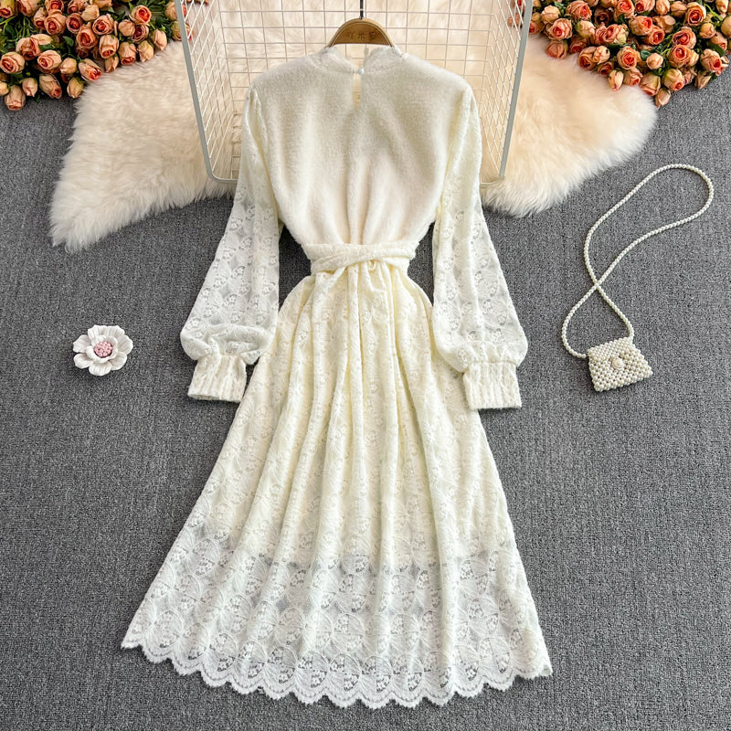 Stand collar lace dress fashion slim bottomed skirt 3769