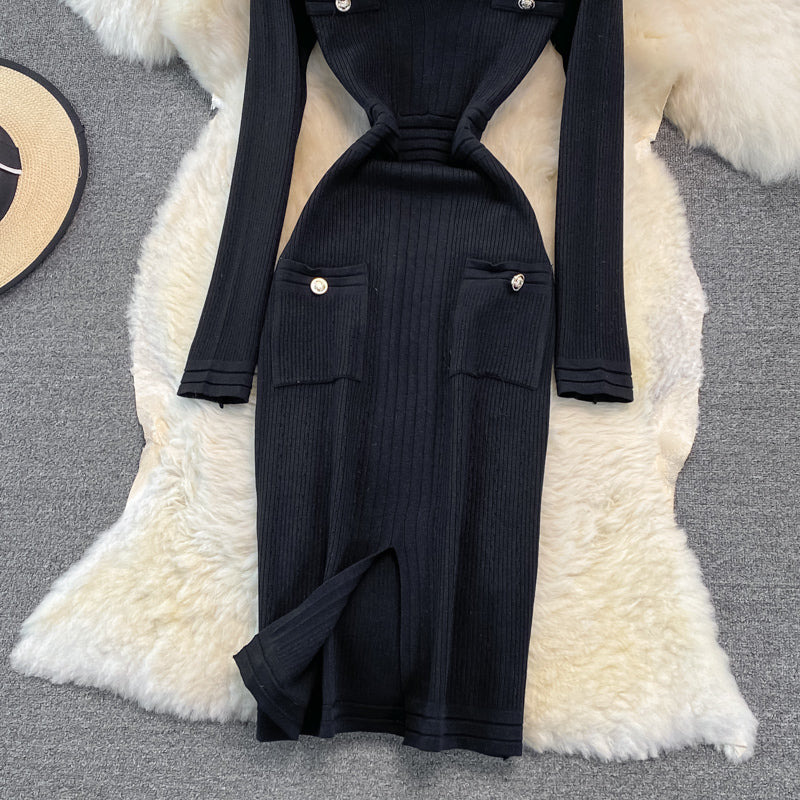 Gold button elastic tight medium length split bottomed buttock knit dress 3751