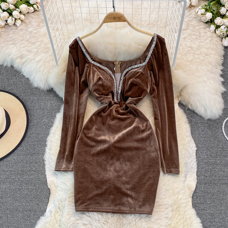 Velvet with diamond temperament, slim waist, sexy hip wrap dress 3750