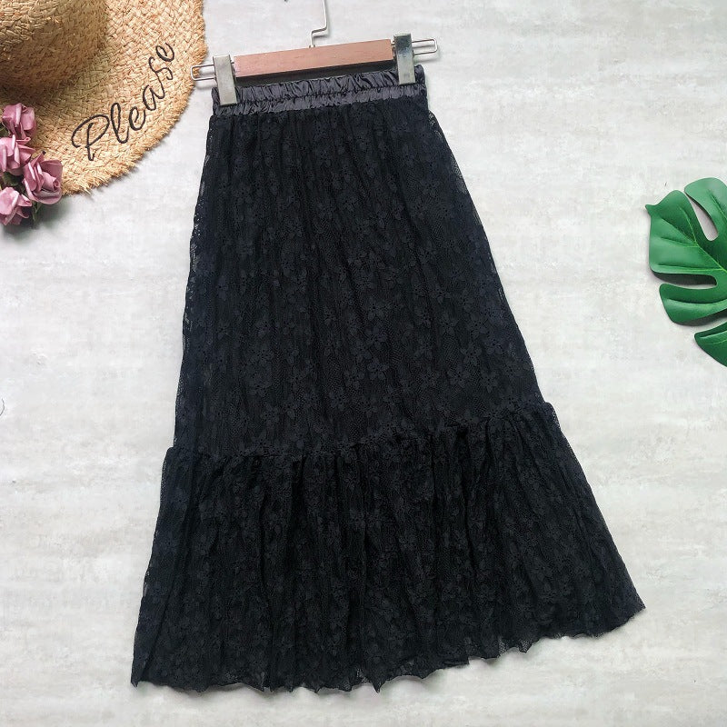 Two-sided to wear, lace patchwork ruffled A-line skirt, high waist puffy pleated skirt 3679