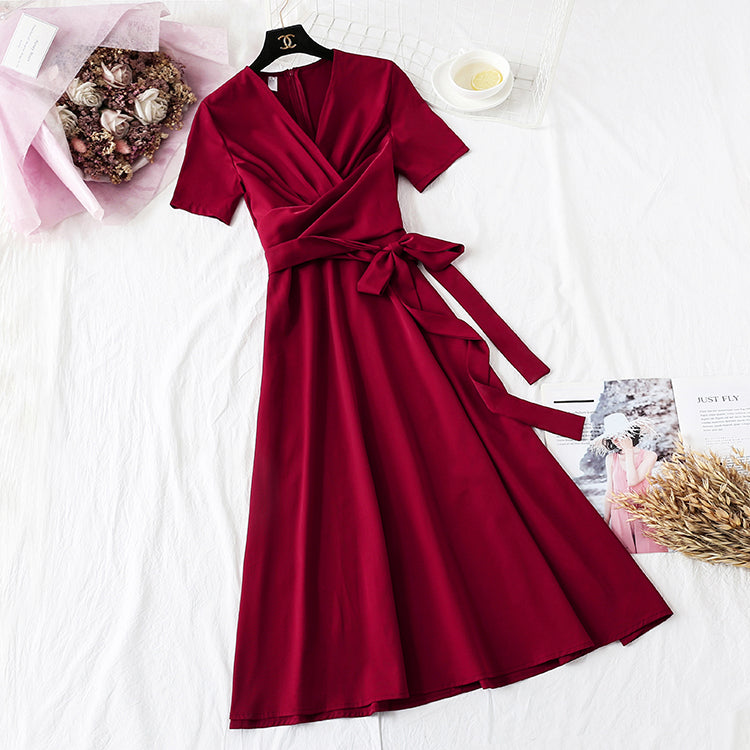 V-neck wrinkled waist showing thin French Kikyo skirt 3733