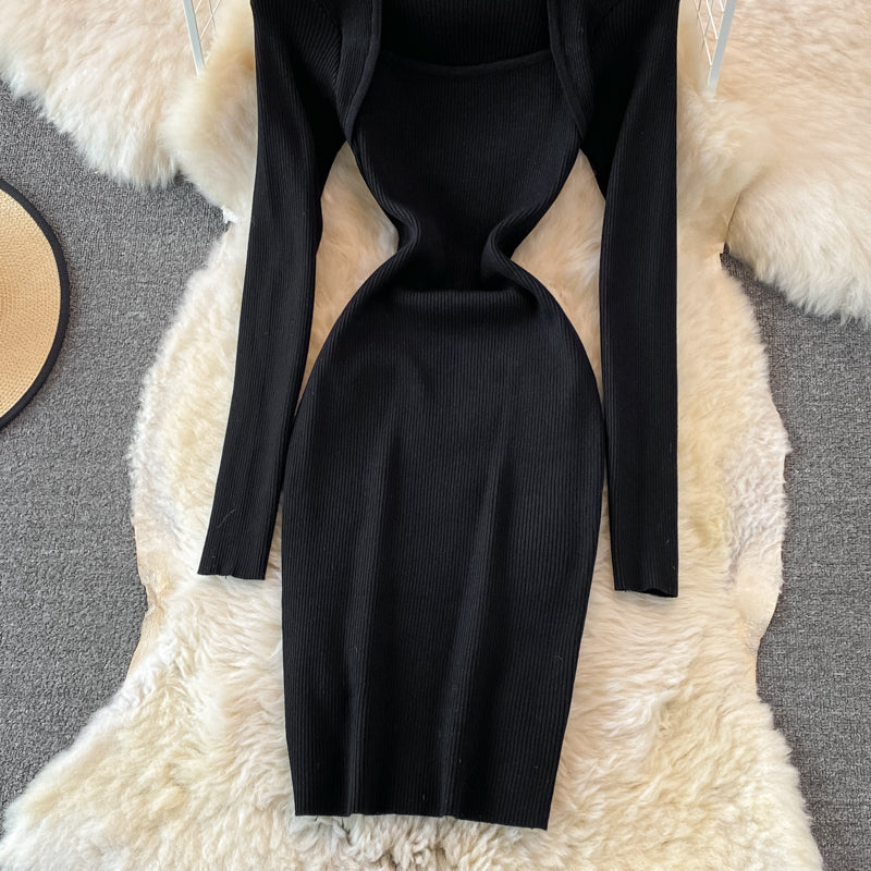 Square neck tight elastic knitted dress 3758