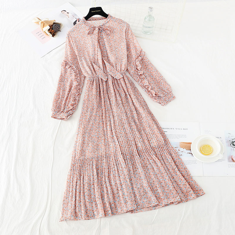 Bow tie Floral Chiffon slim dress 3886