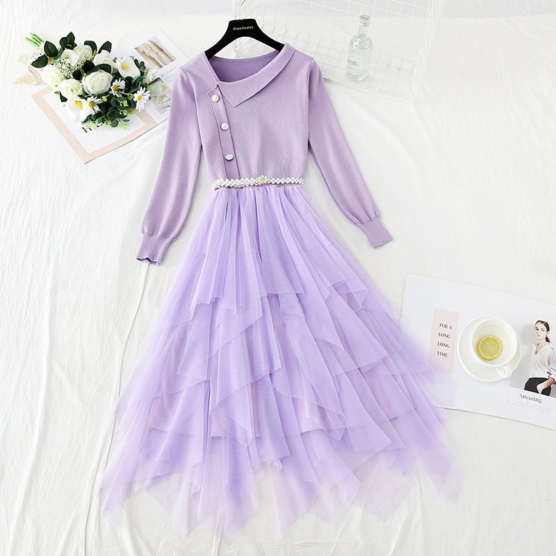 Mesh stitched irregular long skirt waist closing temperament gentle dress 3923