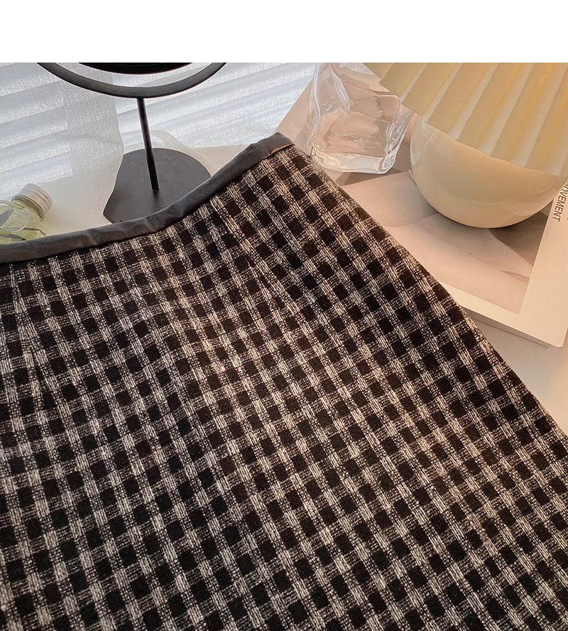 High waist wrap buttock woolen skirt shows thin Plaid A-line skirt 5347