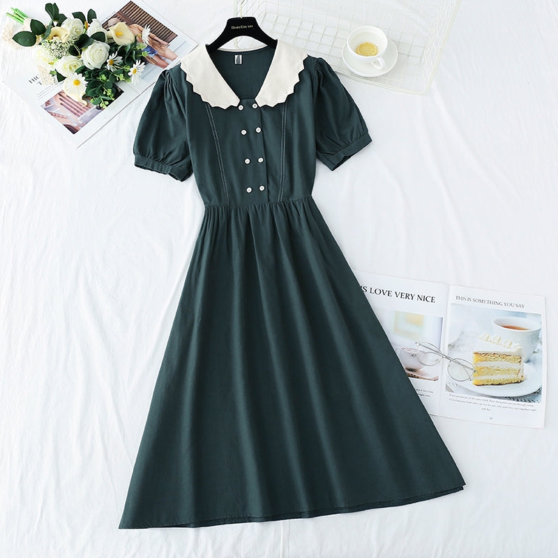 Cotton linen dress sweet bubble sleeve doll collar 4272