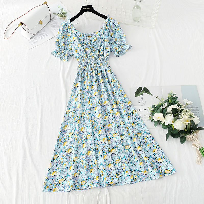 New gentle wind floral dress French Chiffon tea break skirt 4863