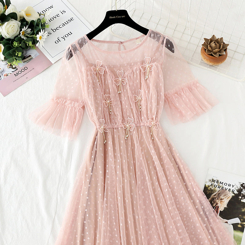 Flower Rhinestone bead mesh dress 4407