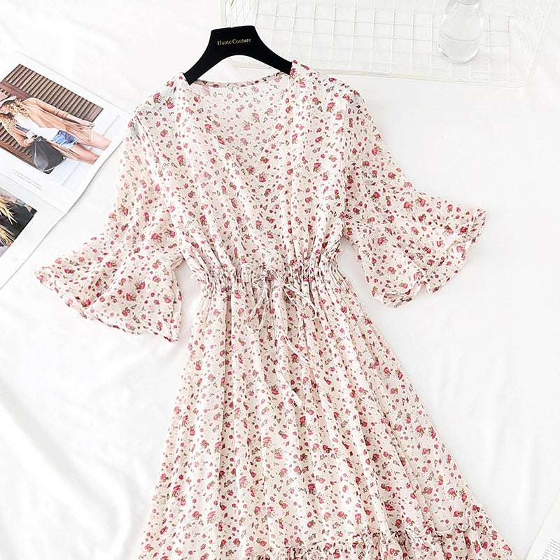 The new waist is slim, pleated lace up Chiffon French retro long skirt 4507