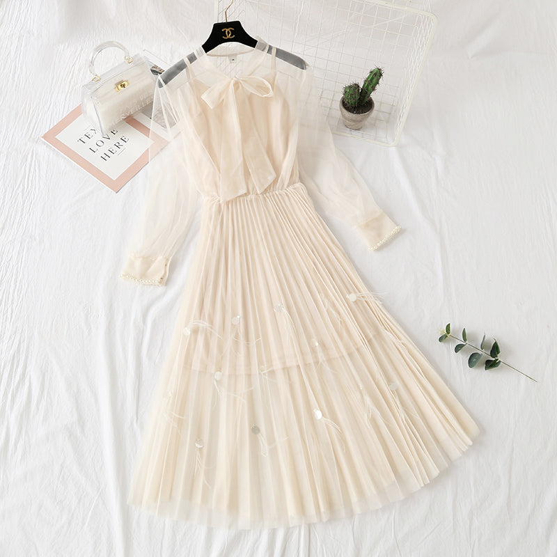 Gauze dress feather nail bead long sleeve sling 4311