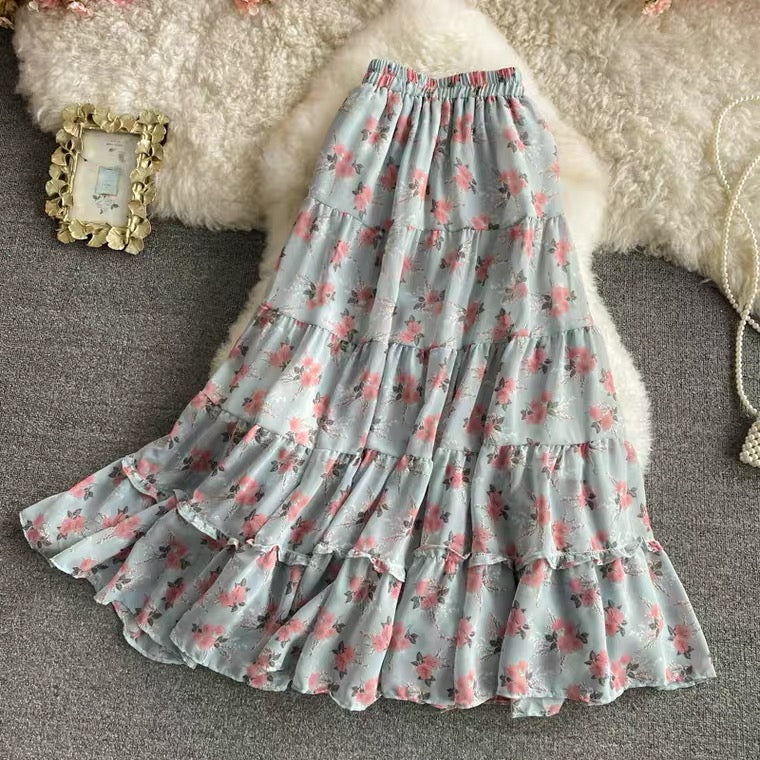 Elastic-waist floral chiffon skirt, all-match sweet long skirt, high waist fairy A-line big swing long skirt 3562