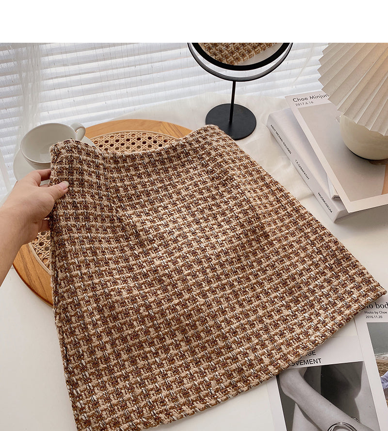 Vintage Plaid Tweed Rock Temperament hohe Taille A-Linie Rock 5274