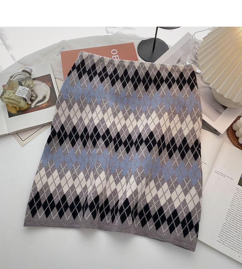 Vintage plaid skirt high waist wrap hip elastic waist A-line skirt 5433