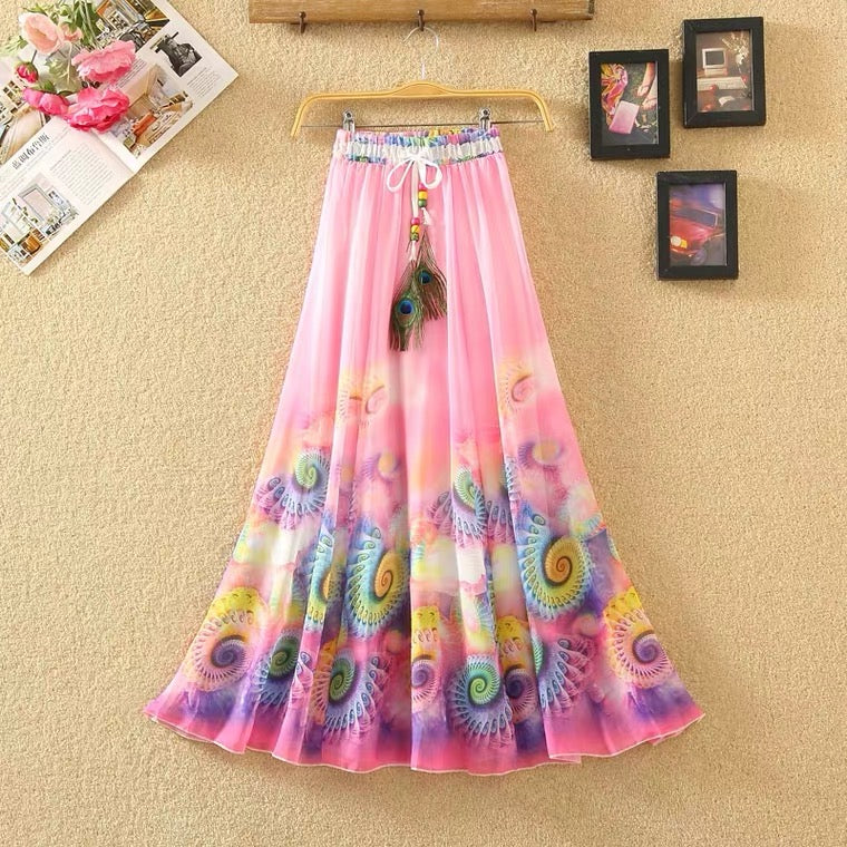Summer, Bohemian midi skirts, chiffon skirts, vintage printed, elastic-waisted dresses 3636