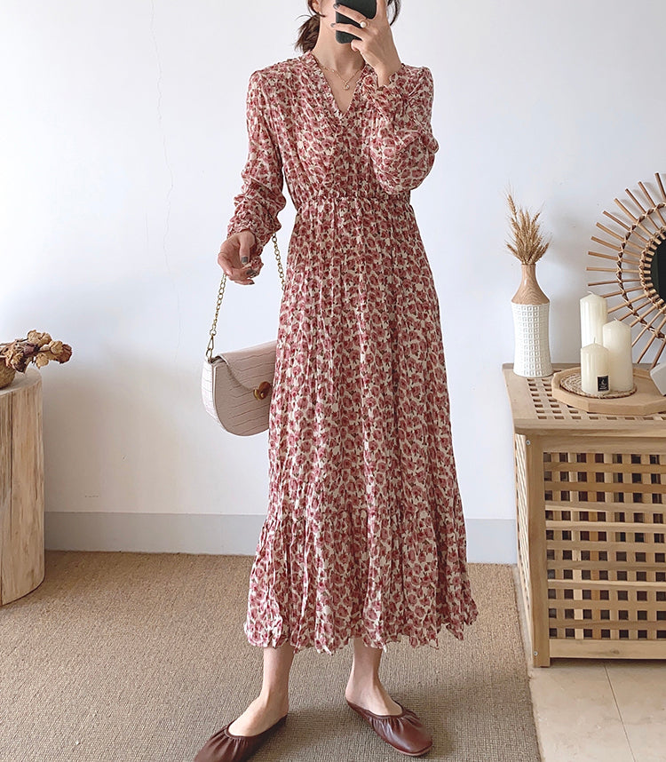 Fashion Pleated Chiffon Floral Dress 3898