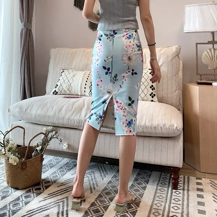 Summer, new style, preppy style, high Fanny hip skirt, split print skirt, stretch bodycon skirt 3540