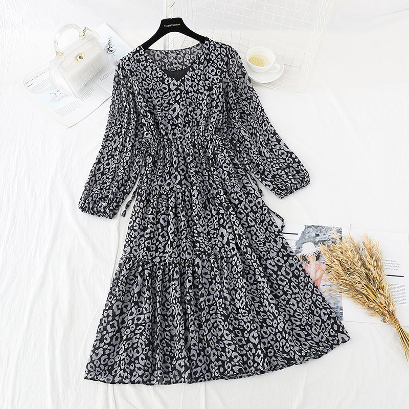 Long sleeved Chiffon Dress leopard print floral retro French bottomed skirt 4697