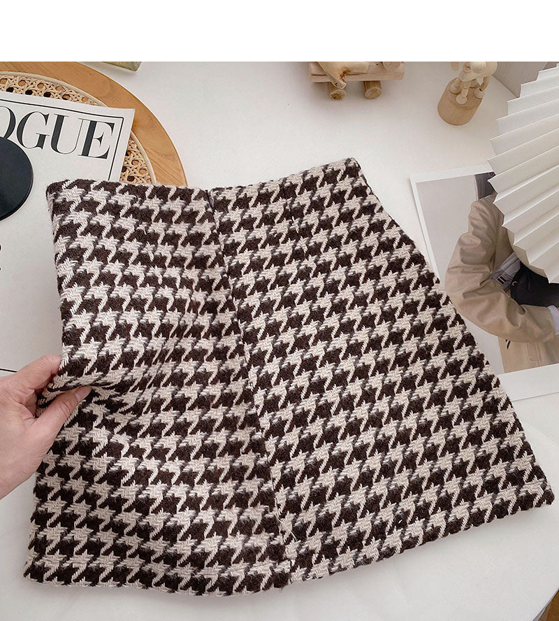 Pearl button small fragrance wind high waist thousand bird grid A-shaped skirt 5371