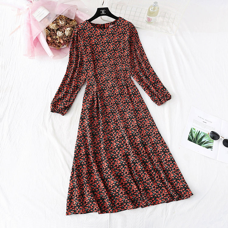 French retro super fairy broken flower bottomed long skirt with thin waist 4007