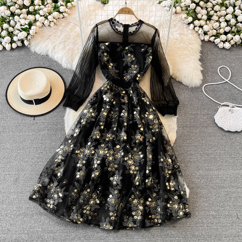 Heavy industry embroidery round neck mesh A-line dress 3747