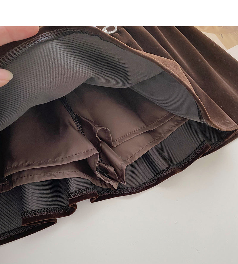 Golden velvet retro diamond studded bow high waist A-line umbrella skirt 5612