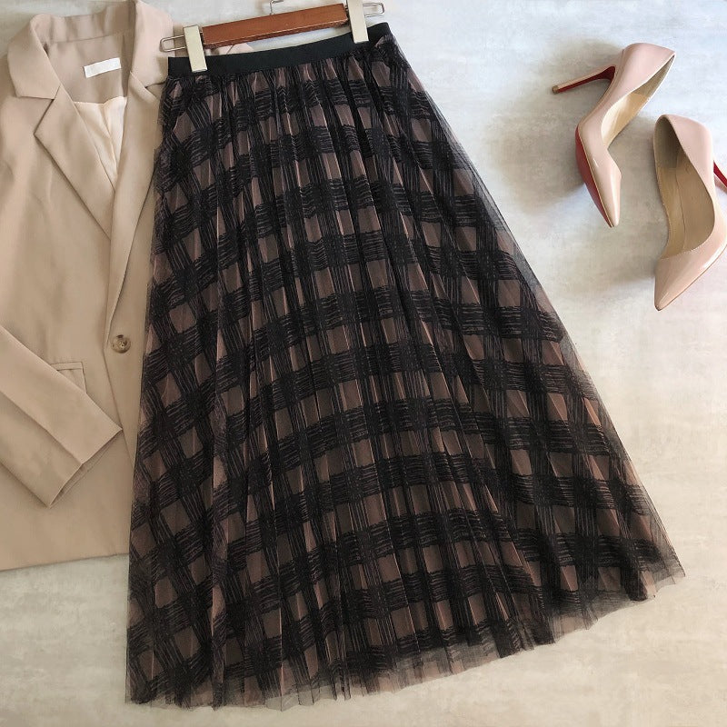 New gauze skirt, plaid print high waist skirt, long pleated skirt 3703