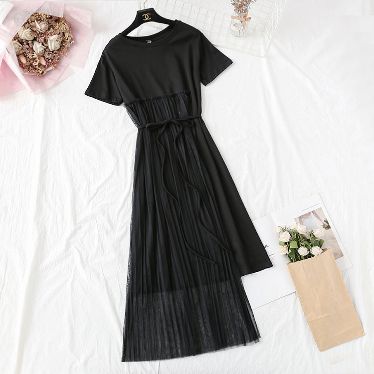 Pleated mesh irregular personality T-shirt skirt 4352