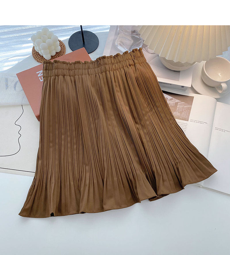 Foreign style solid color pleated high waist A-shaped skirt 5457