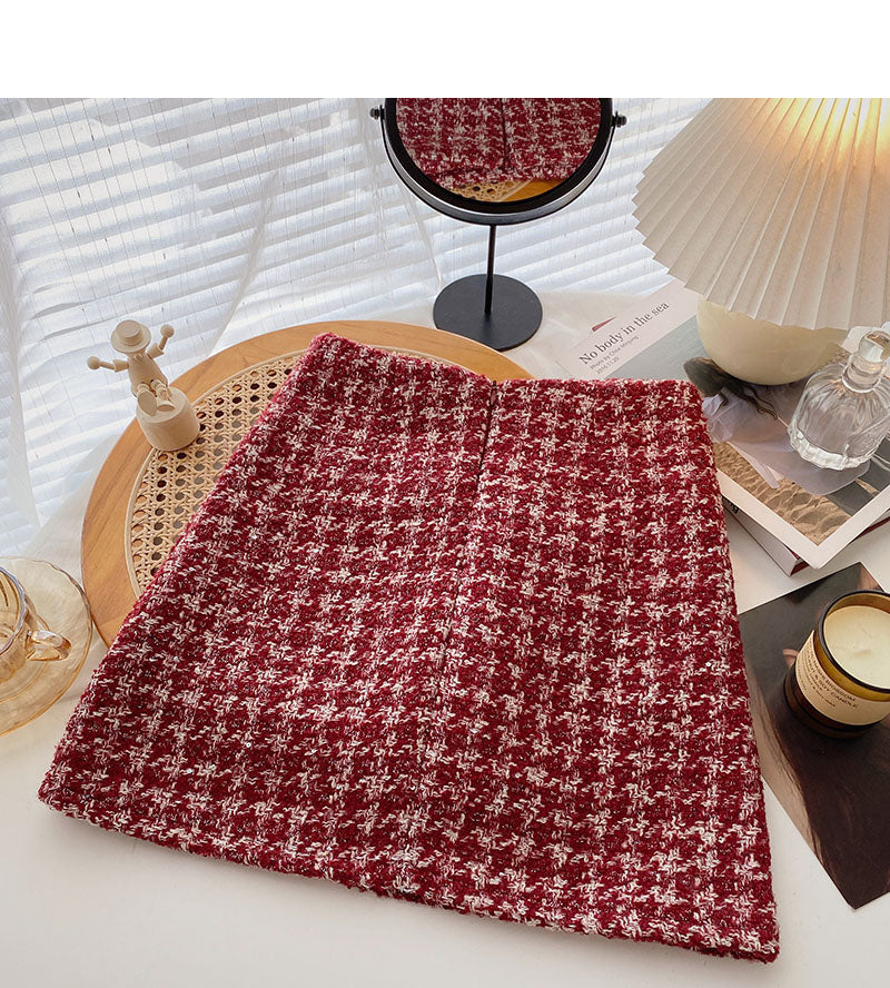 Fake pocket high waist tweed plaid skirt 5383