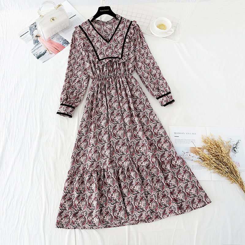 Narrow waist floral skirt children's French Long Sleeve Chiffon Dress 3902