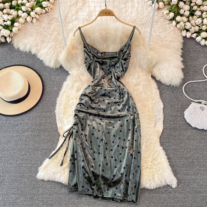 Velvet sexy swing neck long suspender drawstring split dress 3757