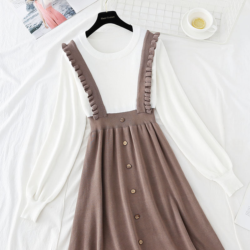 New suspender fake two pieces of small fragrance french wool dress 3904