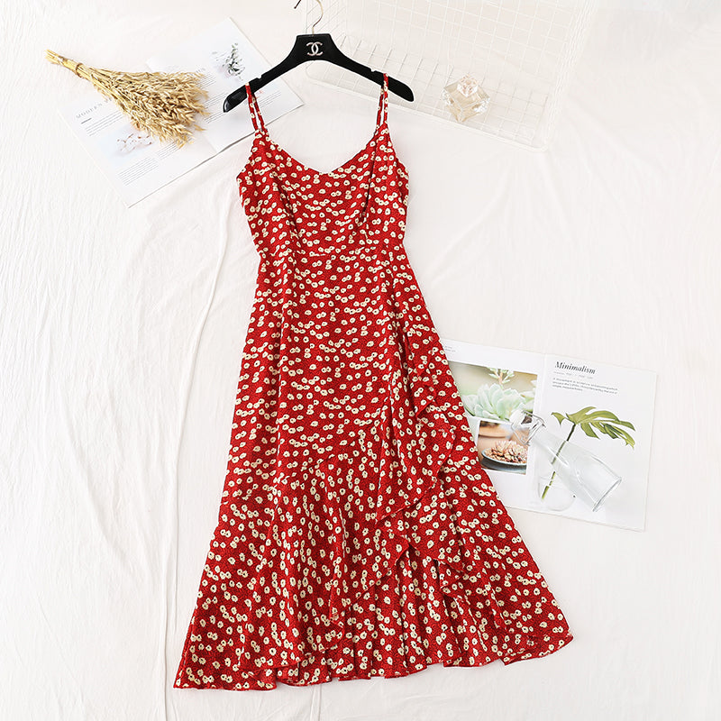 Suspender dress Floral Chiffon fishtail Ruffle Skirt 4117