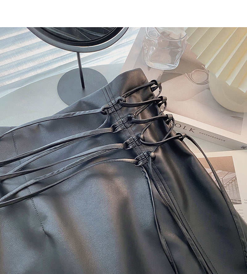 High waist small public design bandage wrap hip thin PU leather skirt 5411